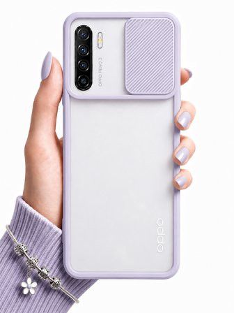 Oppo Reno 3 Uyumlu Kılıf Sürgülü Kamera Korumalı Mat Lensi Telefon Kılıfı - Lila