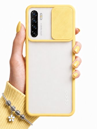 Oppo Reno 3 Uyumlu Kılıf Sürgülü Kamera Korumalı Mat Lensi Telefon Kılıfı - Sarı
