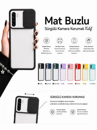 Oppo Reno 3 Uyumlu Kılıf Sürgülü Kamera Korumalı Mat Lensi Telefon Kılıfı - Turkuaz