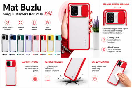 Oppo Reno 5 Lite Uyumlu Kılıf Sürgülü Kamera Korumalı Mat Lensi Telefon Kılıfı - Kırmızı