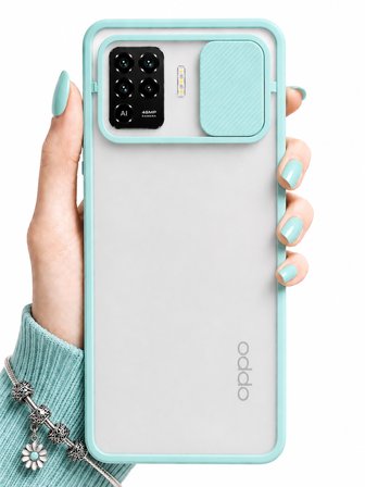 Oppo Reno 5 Lite Uyumlu Kılıf Sürgülü Kamera Korumalı Mat Lensi Telefon Kılıfı - Turkuaz