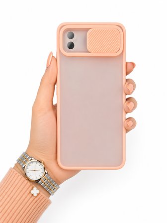Samsung Galaxy A01 Core Uyumlu Kılıf Sürgülü Kamera Korumalı Mat Lensi Telefon Kılıfı - Pembe Açık