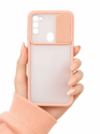 Samsung Galaxy A11 Uyumlu Kılıf Sürgülü Kamera Korumalı Mat Lensi Telefon Kılıfı - Pembe Açık