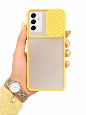 Samsung Galaxy A13 5G Uyumlu Kılıf Sürgülü Kamera Korumalı Mat Lensi Telefon Kılıfı - Sarı