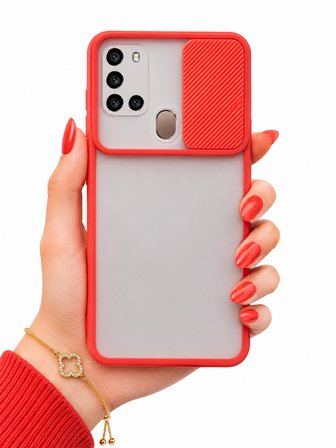 Samsung Galaxy A21S Uyumlu Kılıf Sürgülü Kamera Korumalı Mat Lensi Telefon Kılıfı - Kırmızı