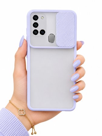 Samsung Galaxy A21S Uyumlu Kılıf Sürgülü Kamera Korumalı Mat Lensi Telefon Kılıfı - Lila