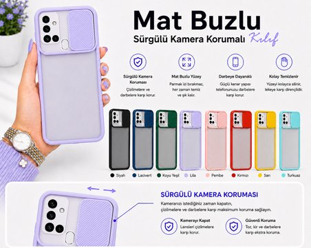 Samsung Galaxy A21S Uyumlu Kılıf Sürgülü Kamera Korumalı Mat Lensi Telefon Kılıfı - Turkuaz