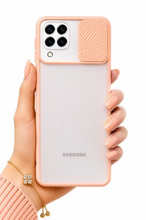 Samsung Galaxy A22 4G Uyumlu Kılıf Sürgülü Kamera Korumalı Mat Lensi Telefon Kılıfı - Pembe Açık
