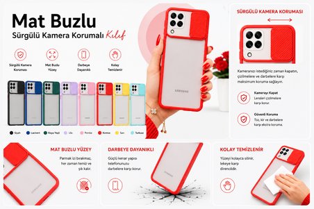 Samsung Galaxy A22 4G Uyumlu Kılıf Sürgülü Kamera Korumalı Mat Lensi Telefon Kılıfı - Pembe Açık