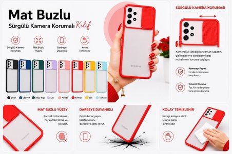 Samsung Galaxy A23 Uyumlu Kılıf Sürgülü Kamera Korumalı Mat Lensi Telefon Kılıfı - Kırmızı