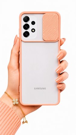 Samsung Galaxy A23 Uyumlu Kılıf Sürgülü Kamera Korumalı Mat Lensi Telefon Kılıfı - Pembe Açık