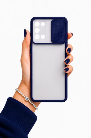 Samsung Galaxy A31 Uyumlu Kılıf Sürgülü Kamera Korumalı Mat Lensi Telefon Kılıfı - Lacivert