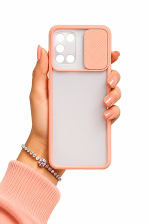 Samsung Galaxy A31 Uyumlu Kılıf Sürgülü Kamera Korumalı Mat Lensi Telefon Kılıfı - Pembe Açık