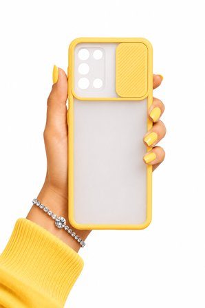 Samsung Galaxy A31 Uyumlu Kılıf Sürgülü Kamera Korumalı Mat Lensi Telefon Kılıfı - Sarı