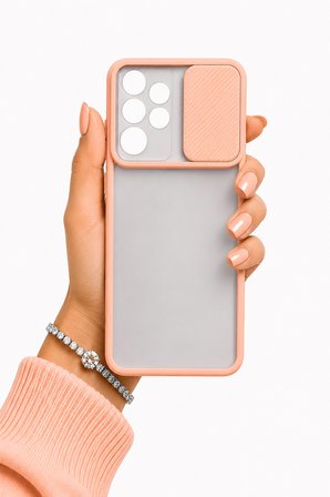 Samsung Galaxy A33 5G Uyumlu Kılıf Sürgülü Kamera Korumalı Mat Lensi Telefon Kılıfı - Pembe Açık