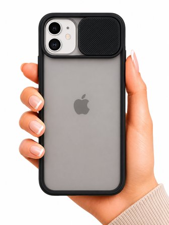 Apple iPhone 12 Mini Uyumlu Kılıf Sürgülü Kamera Korumalı Mat Lensi Telefon Kılıfı - Siyah