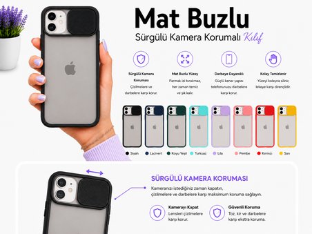Apple iPhone 12 Mini Uyumlu Kılıf Sürgülü Kamera Korumalı Mat Lensi Telefon Kılıfı - Siyah