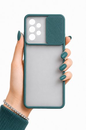 Samsung Galaxy A72 Uyumlu Kılıf Sürgülü Kamera Korumalı Mat Lensi Telefon Kılıfı - Koyu Yeşil