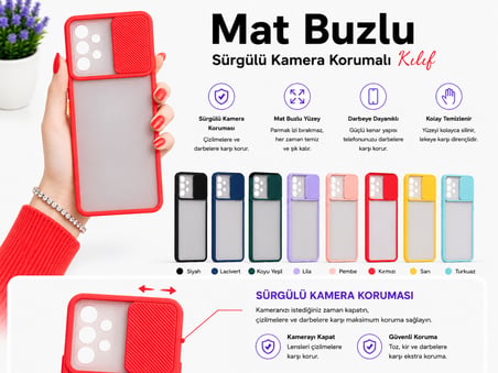 Samsung Galaxy A72 Uyumlu Kılıf Sürgülü Kamera Korumalı Mat Lensi Telefon Kılıfı - Pembe Açık