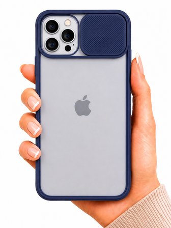 Apple iPhone 12 Pro Max Uyumlu Kılıf Sürgülü Kamera Korumalı Mat Lensi Telefon Kılıfı - Lacivert