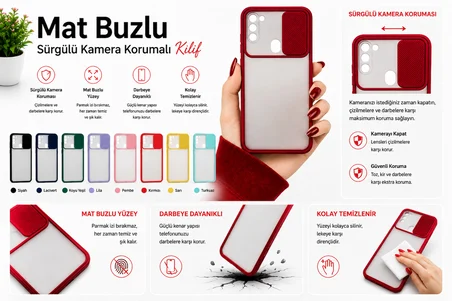 Samsung Galaxy M11 Uyumlu Kılıf Sürgülü Kamera Korumalı Mat Lensi Telefon Kılıfı - Turkuaz