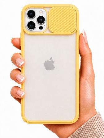 Apple iPhone 12 Pro Max Uyumlu Kılıf Sürgülü Kamera Korumalı Mat Lensi Telefon Kılıfı - Sarı