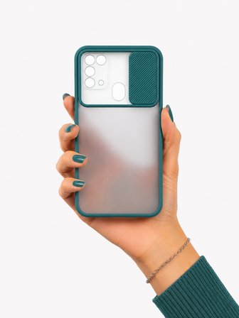 Samsung Galaxy M31 Uyumlu Kılıf Sürgülü Kamera Korumalı Mat Lensi Telefon Kılıfı - Koyu Yeşil