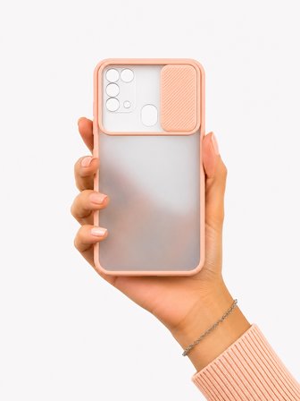 Samsung Galaxy M31 Uyumlu Kılıf Sürgülü Kamera Korumalı Mat Lensi Telefon Kılıfı - Pembe Açık