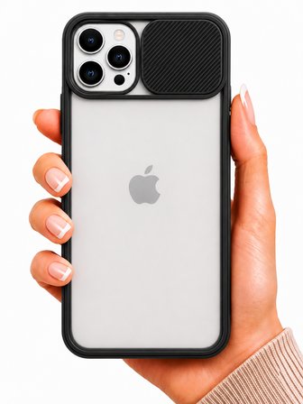 Apple iPhone 12 Pro Max Uyumlu Kılıf Sürgülü Kamera Korumalı Mat Lensi Telefon Kılıfı - Siyah