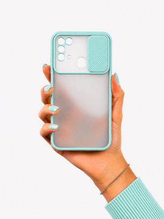 Samsung Galaxy M31 Uyumlu Kılıf Sürgülü Kamera Korumalı Mat Lensi Telefon Kılıfı - Turkuaz