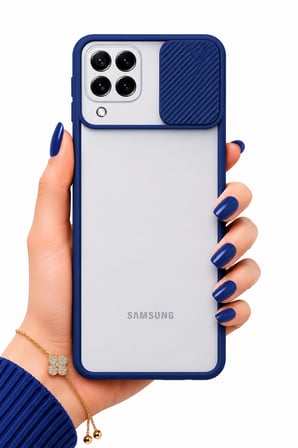 Samsung Galaxy M32 Uyumlu Kılıf Sürgülü Kamera Korumalı Mat Lensi Telefon Kılıfı - Lacivert