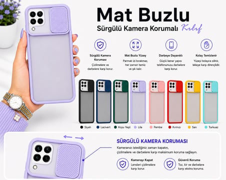 Samsung Galaxy M32 Uyumlu Kılıf Sürgülü Kamera Korumalı Mat Lensi Telefon Kılıfı - Lila