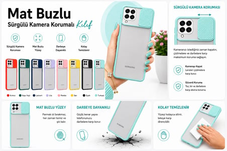 Samsung Galaxy M32 Uyumlu Kılıf Sürgülü Kamera Korumalı Mat Lensi Telefon Kılıfı - Lila