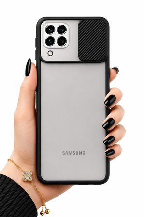 Samsung Galaxy M32 Uyumlu Kılıf Sürgülü Kamera Korumalı Mat Lensi Telefon Kılıfı - Siyah