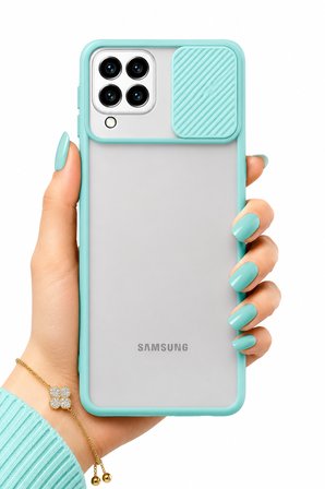 Samsung Galaxy M32 Uyumlu Kılıf Sürgülü Kamera Korumalı Mat Lensi Telefon Kılıfı - Turkuaz