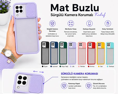 Samsung Galaxy M32 Uyumlu Kılıf Sürgülü Kamera Korumalı Mat Lensi Telefon Kılıfı - Turkuaz