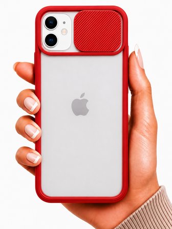 Apple iPhone 12 Pro Uyumlu Kılıf Sürgülü Kamera Korumalı Mat Lensi Telefon Kılıfı - Kırmızı