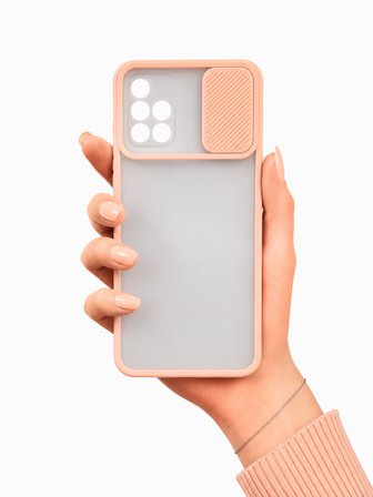 Samsung Galaxy M51 Uyumlu Kılıf Sürgülü Kamera Korumalı Mat Lensi Telefon Kılıfı - Pembe Açık