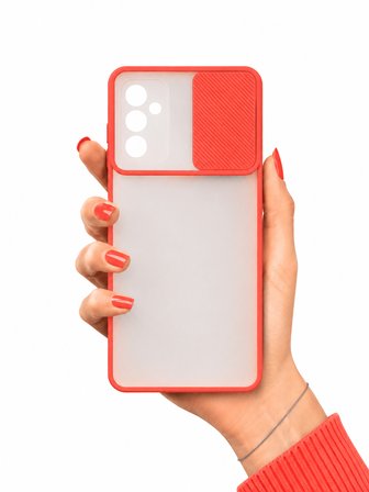 Samsung Galaxy M52 Uyumlu Kılıf Sürgülü Kamera Korumalı Mat Lensi Telefon Kılıfı - Kırmızı