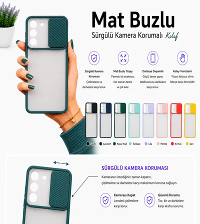 Samsung Galaxy S21 FE Uyumlu Kılıf Sürgülü Kamera Korumalı Mat Lensi Telefon Kılıfı - Kırmızı