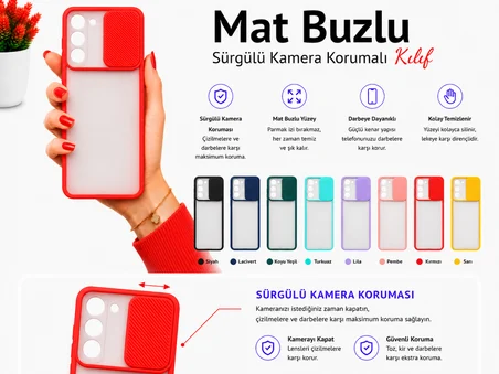 Samsung Galaxy S21 FE Uyumlu Kılıf Sürgülü Kamera Korumalı Mat Lensi Telefon Kılıfı - Kırmızı
