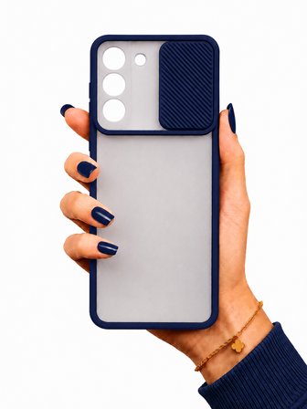 Samsung Galaxy S21 FE Uyumlu Kılıf Sürgülü Kamera Korumalı Mat Lensi Telefon Kılıfı - Lacivert