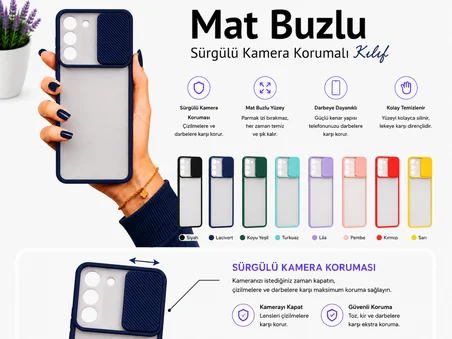 Samsung Galaxy S22 Uyumlu Kılıf Sürgülü Kamera Korumalı Mat Lensi Telefon Kılıfı - Lacivert