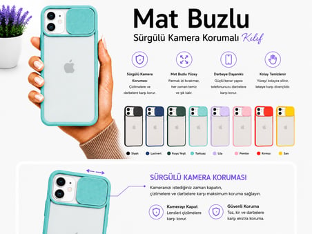 Apple iPhone 12 Uyumlu Kılıf Sürgülü Kamera Korumalı Mat Lensi Telefon Kılıfı - Kırmızı