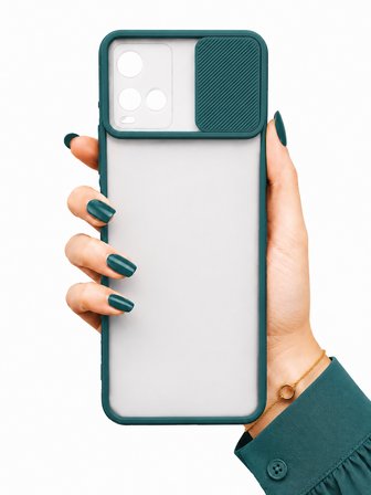 Vivo Y21S Uyumlu Kılıf Sürgülü Kamera Korumalı Mat Lensi Telefon Kılıfı - Koyu Yeşil