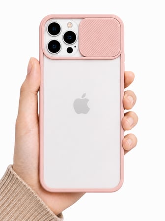 Apple iPhone 13 Pro Max Uyumlu Kılıf Sürgülü Kamera Korumalı Mat Lensi Telefon Kılıfı - Pembe Açık