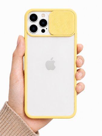 Apple iPhone 13 Pro Max Uyumlu Kılıf Sürgülü Kamera Korumalı Mat Lensi Telefon Kılıfı - Sarı