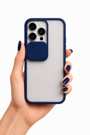 Apple iPhone 13 Pro Uyumlu Kılıf Sürgülü Kamera Korumalı Mat Lensi Telefon Kılıfı - Lacivert
