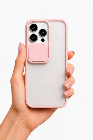 Apple iPhone 13 Pro Uyumlu Kılıf Sürgülü Kamera Korumalı Mat Lensi Telefon Kılıfı - Pembe Açık