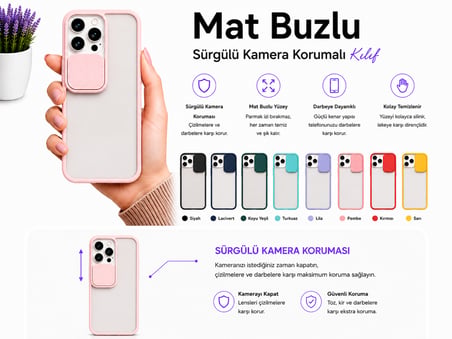 Apple iPhone 13 Pro Uyumlu Kılıf Sürgülü Kamera Korumalı Mat Lensi Telefon Kılıfı - Pembe Açık